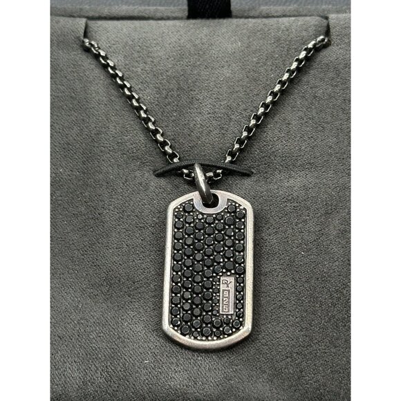 David Yurman Sterling Silver Black Diamonds Tag 31mm Chain 25” - Picture 2 of 16
